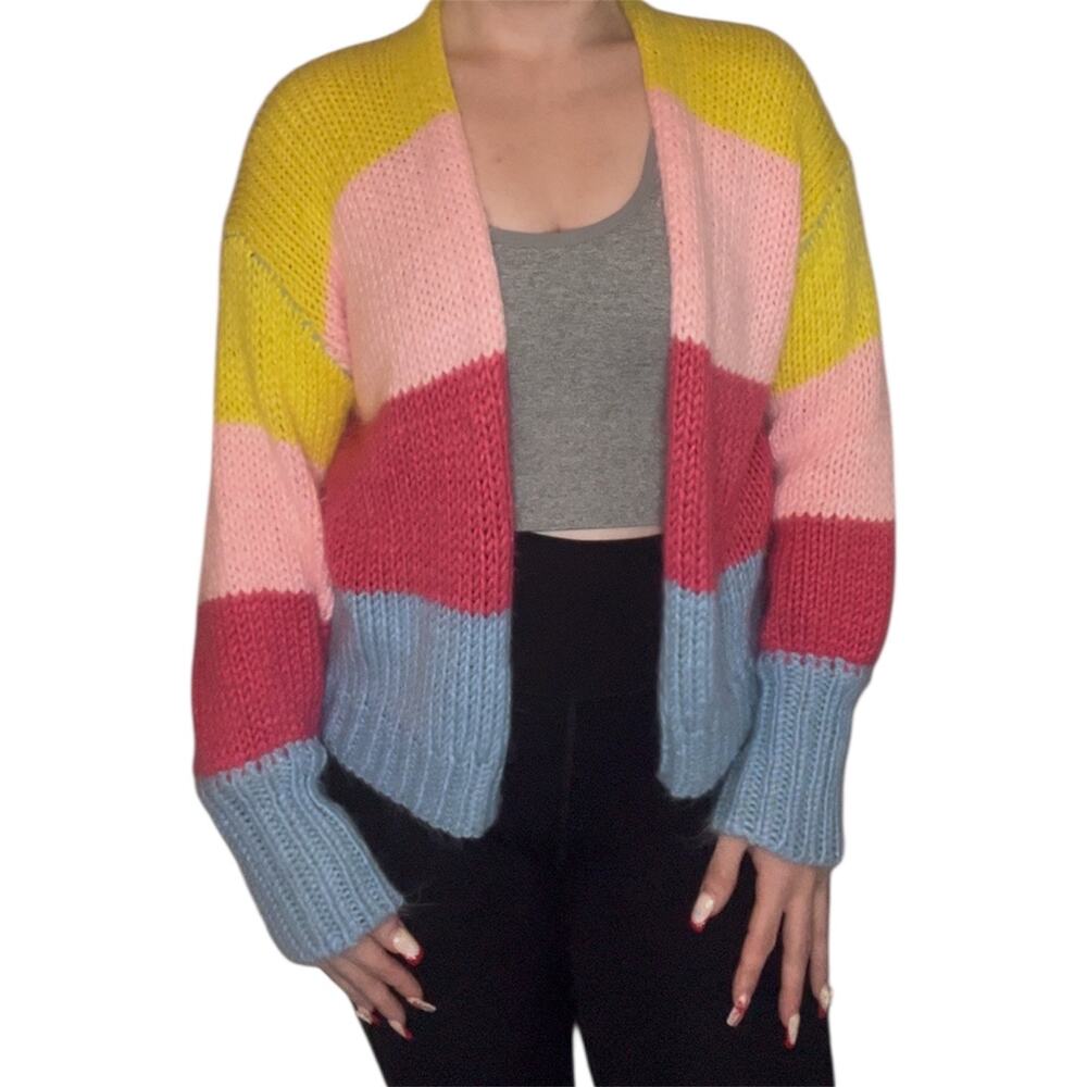 Fashion Nova Chunky Colorblock Knit Cardigan Open Front Cozy Sweater Size Medium